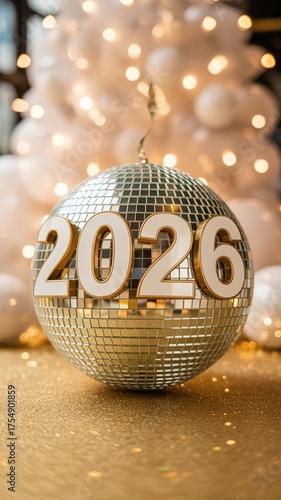 Golden Disco Ball with White Numbers 2026 for a New Year's Eve Party Celebration Background and Festive Calendar Design