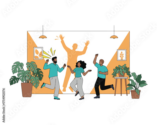 Joy, Success, and Fun. Diverse People Cheering and Dancing in an Indoor Setting