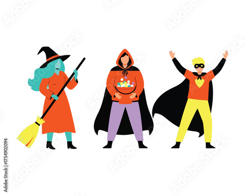 Vector Illustration of Friends Dressed as Superhero and Magic Characters for a Party