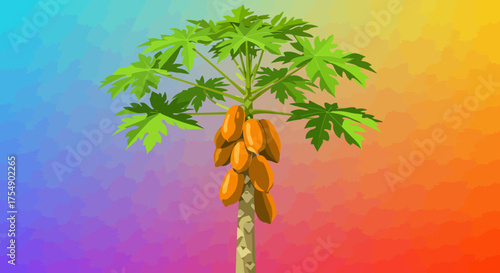 Stylized Papaya Tree with Ripe Fruit and Green Leaves.