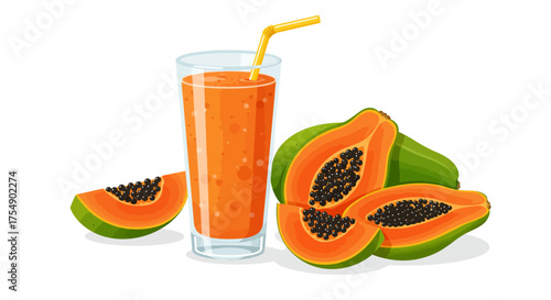 Refreshing Papaya Smoothie with Fresh Papaya Fruit Slices.