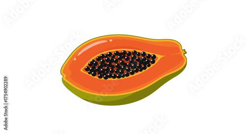Half Cut Papaya Fruit with Black Seeds Illustration.