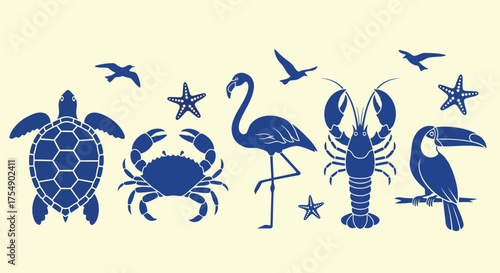 Collection of stylized blue marine and tropical animals including a sea turtle crab flamingo lobster and toucan against a cream background