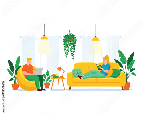 Cozy Home Life and Remote Work. Couple Relaxing and Working in a Modern Living Room