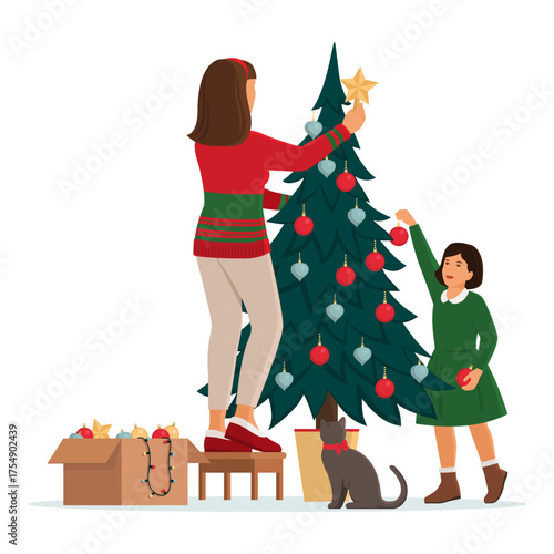 Mother and child decorating a Christmas tree together
