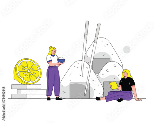 Japanese Food and Cooking Concept. Women with Giant Onigiri Rice Balls, Chopsticks, and Lemon