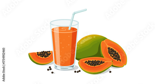 Fresh Papaya Juice with Sliced Papaya Fruit Illustration.