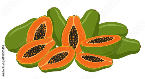Fresh Papaya Fruit Still Life with Seeds and Green Skin
