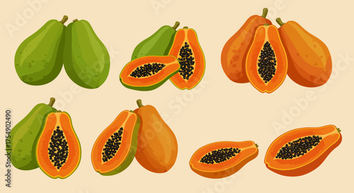 Fresh Papaya Fruit Illustration: Whole and Halved Tropical Delights