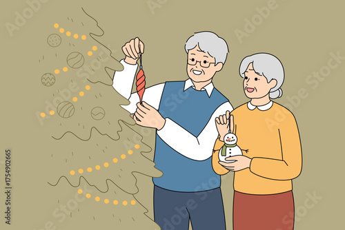 A Joyful Elderly Couple Happily Decorating Their Beautiful Christmas Tree Together for the Holidays