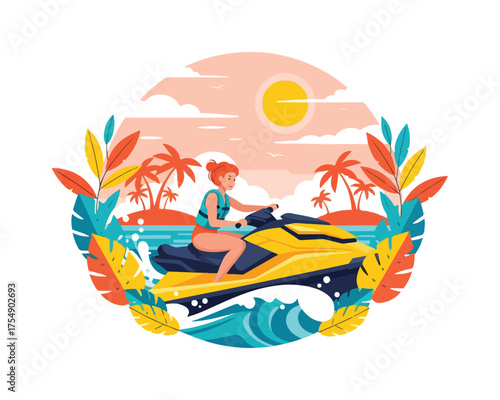 Summer Vacation Fun and Water Sports Adventure in a Colorful Flat Illustration
