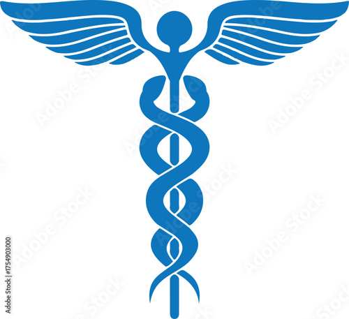 Caduceus symbol vector icon illustration. caduceus medical symbol on white background.Minimalist light blue caduceus symbol on white background.