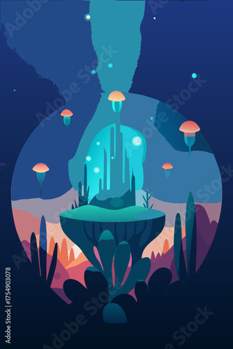 Fantasy underwater world vector illustration with glowing corals and mysterious structures vector
