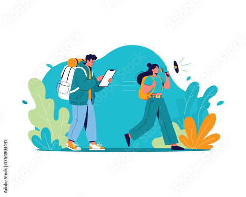 Travel Guide Woman with Megaphone Leading a Man on an Outdoor Excursion or Tourist Trip
