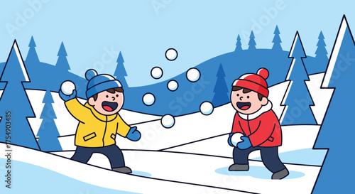 Cheerful Children Playing Snowball Fight in Winter Wonderland - Outdoor Fun and Winter Activities