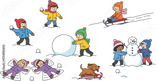 Children's Winter Fun Playing, Building Snowmen, and Snowball Fights in the Snow