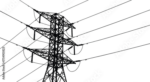 High voltage electricity transmission tower silhouette with power lines, lattice structure, energy infrastructure, industrial utility, renewable grid, distribution network illustration