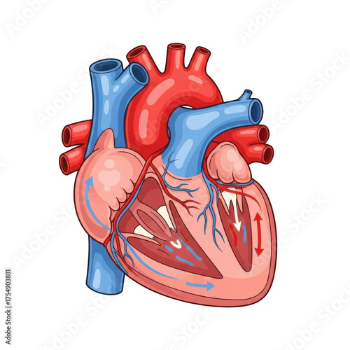 Detailed anatomical view of the human heart showing chambers valves and major blood vessels isolated on transparent background