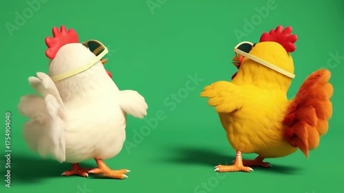 Funny animated chickens in cool sunglasses performing a dance routine, full of color, humor, and charm.
