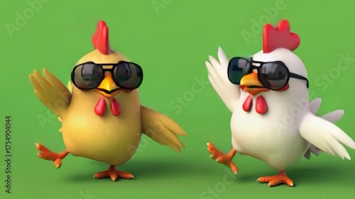 Funny animated chickens in cool sunglasses performing a dance routine, full of color, humor, and charm.
