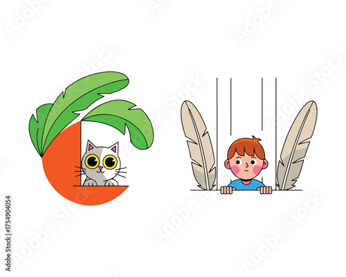 Cute Cat Peeking from a Plant and Boy Hiding from Falling Feathers Illustration Set
