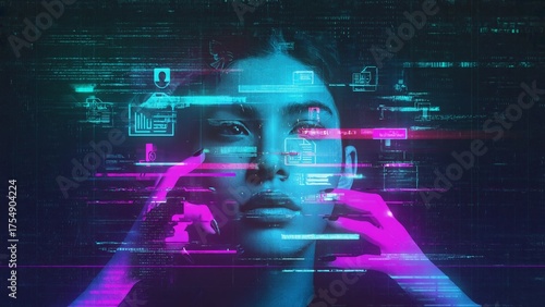 Cybercriminal face obscured by digital overlays, with floating screens showing hacking code and stolen information, representing hidden world of online fraud and cyber theft