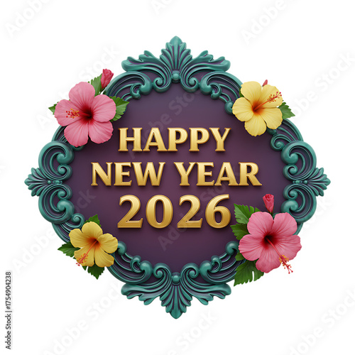 Happy new year 2026 golden text ornate vintage frame with tropical flowers pink yellow elegant celebration design