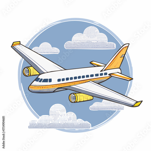 Airplane Flying in Blue Sky with Clouds Vector Illustration