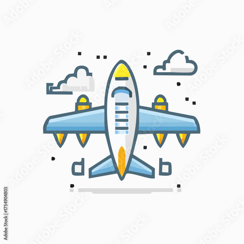 Airplane Flying in Blue Sky with Clouds Vector Illustration