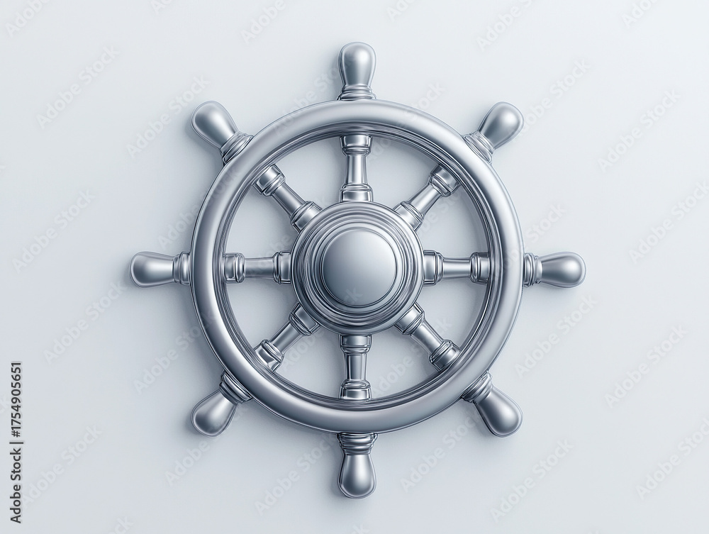 Obraz premium Sleek, metallic ship wheel on a white background, embodying themes of navigation, guidance, and control.