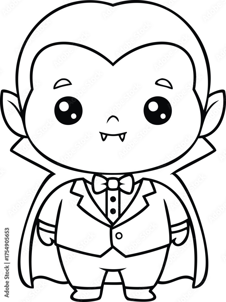 Fototapeta premium Cute Cartoon Vampire Character in Black and White Line Art Style with Cape and Bow Tie, Kawaii Halloween Illustration Coloring Design