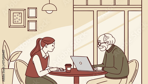 Generational Discussion in Café – Young and Old Sharing Ideas Over Coffee 