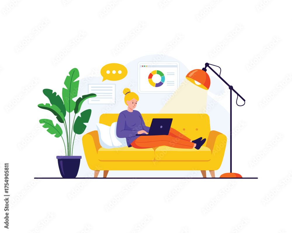 Fototapeta premium Woman Working on Laptop from Sofa in Living Room, Remote Work Concept