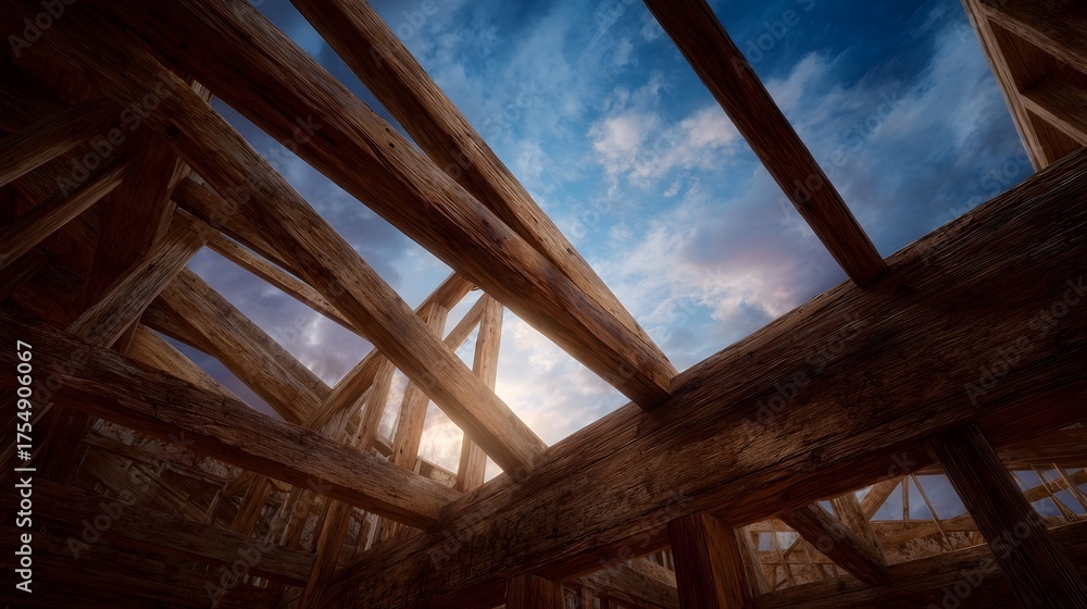 Obraz premium Unfinished wooden building framework against a blue sky with clouds
