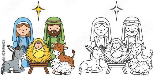 Adorable Nativity Scene with Holy Family, Animals, and Guiding Star - Perfect for Festive Holiday Designs