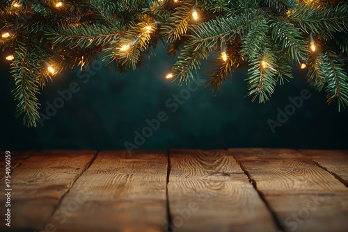 Christmas tree branch with warm glowing lights hanging over rustic wooden table, festive holiday background with cozy atmosphere and space for text or product display