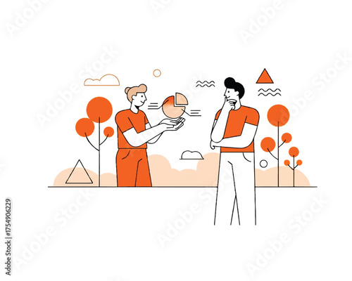 Business People Discussing Data and Analytics, Holding a Pie Chart for Strategy