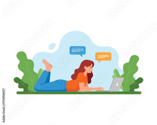 Happy Female Worker with Long Hair Enjoying Work from Home or Park with Chat Bubbles