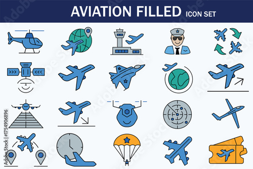 Aviation filled icon set featuring airplanes, helicopters, pilots, airports, radar, and travel symbols. Modern blue flat style for aviation, flight, and travel design projects and apps.