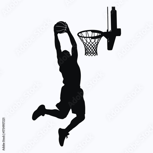 A dynamic basketball player in mid air attempting a dunk silhouette