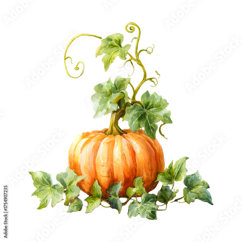 A vibrant orange pumpkin with green leaves and vines isolated on transparent background
