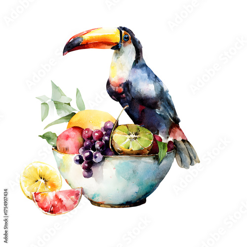Colorful toucan bird perched on a bowl overflowing with exotic tropical fruits isolated on transparent background