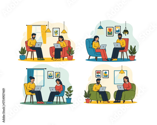 Set of Freelancers or Digital Nomads Working Comfortably from Home