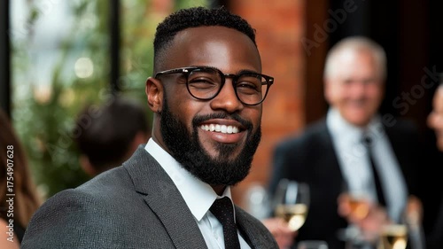 Happy African American Man Smiling at Formal Event with Glasses and Suit in a Professional Setting