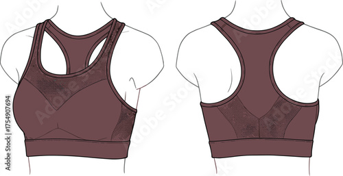 Sports bra front and back view vector illustration, racerback athletic underwear design, fitness clothing template, breathable fabric, workout fashion garment