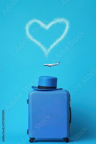 Romantic Getaway: Blue suitcase with hat, plane, and cloud heart symbolizing love and travel adventures.