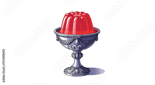 A glistening red gelatin dessert served in an ornate silver chalice on a white background.