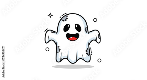 A cute and friendly cartoon ghost character floating happily with a smile and sparkle.