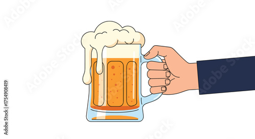 Hand holding a frothy mug of golden beer with a white background.