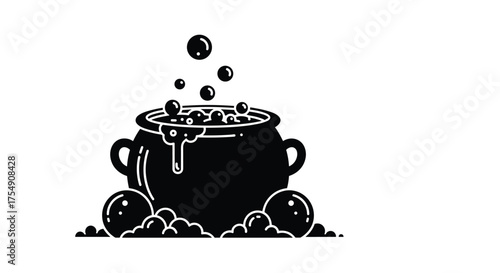 A bubbling cauldron concocts a magical potion with mysterious ingredients and swirling steam.